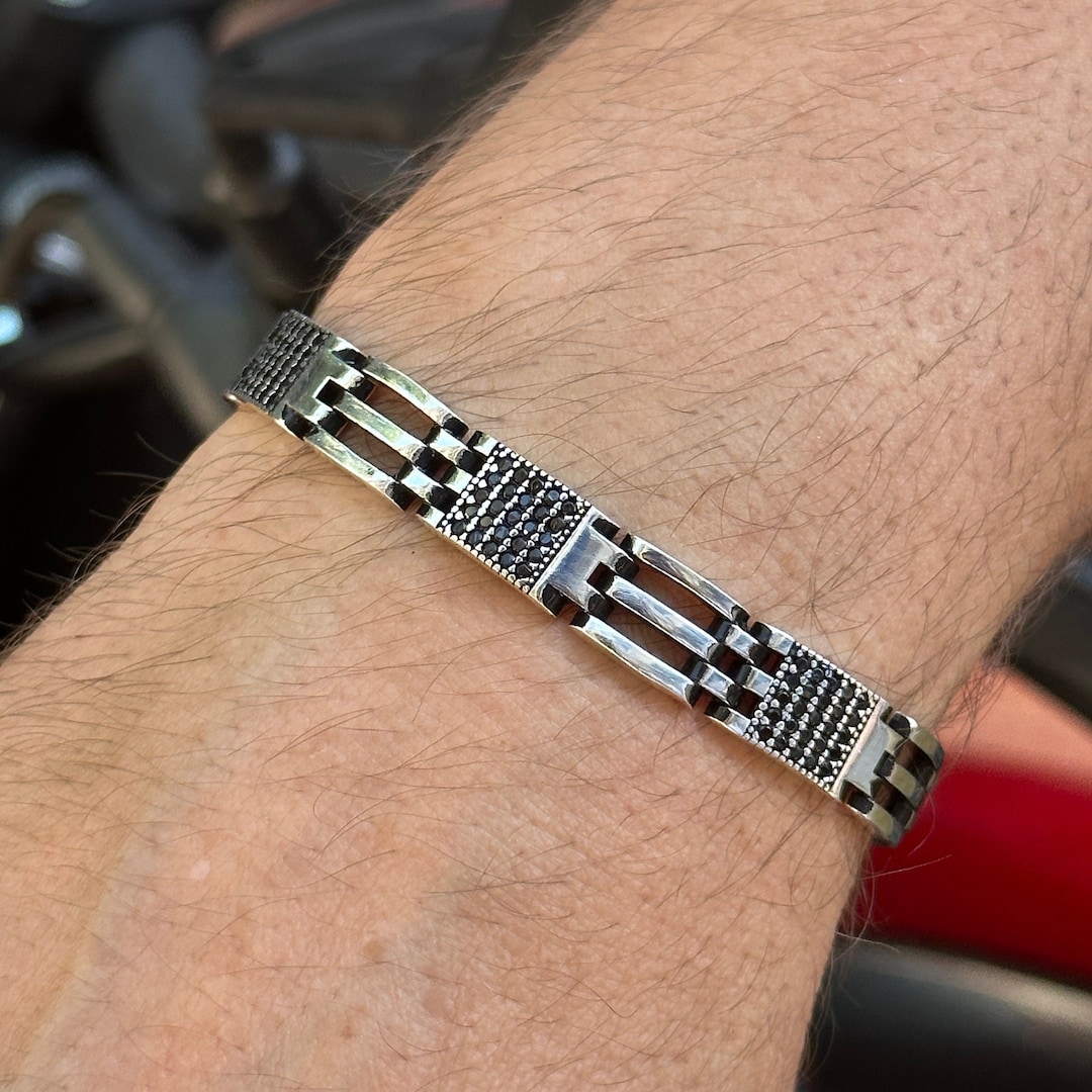 Men Silver Black Stone Chain Bracelet , Silver Link 10M