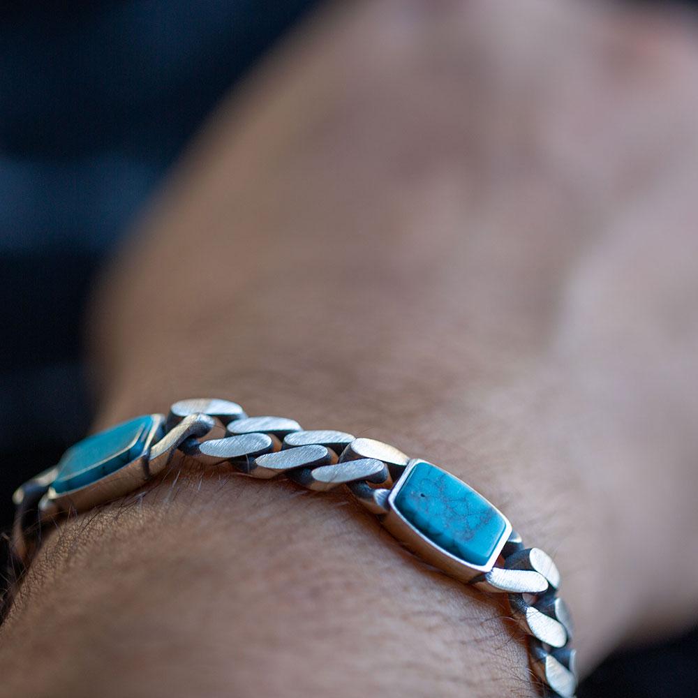 Silver Turquoise Curb Chain Bracelet, 10mm Curb Chain  display picture 1