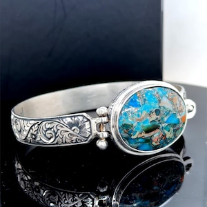 Silver Engraved Natural Turquoise Cuff Bracelet, Hand Engraved Turquoise Men Bangle, Natural Boho Gemstone Bracelet, 925k Sterling Silver