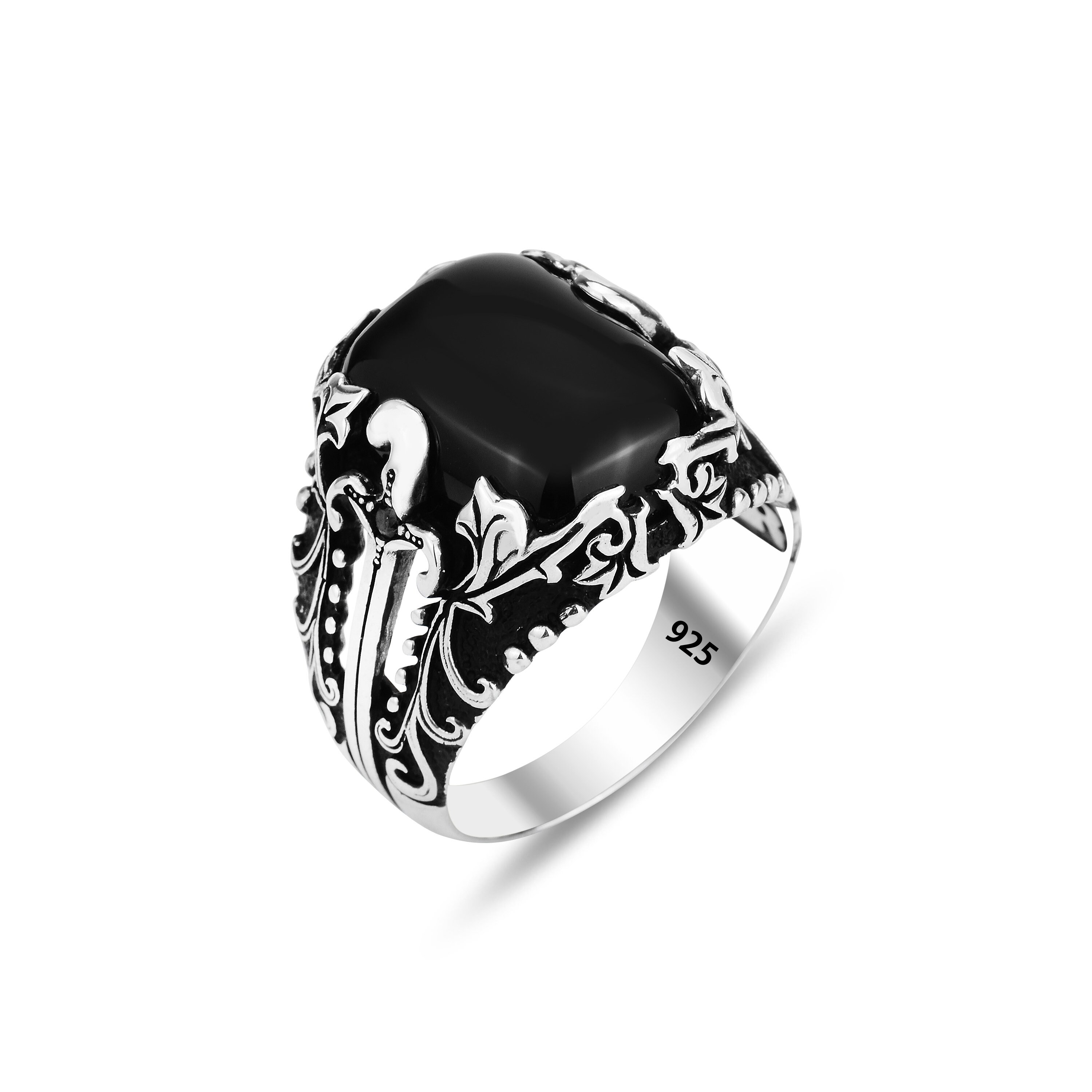 Silver Onyx Ring, Men Handmade Sword Black Onyx Ring, Onyx Signet