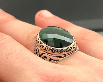 Men Handmade Ring , Green Stone Ring , Cubic Zircon Stone Ring , Sterling Silver Vintage Ring , Men Silver Jewelry , Gifts for Him