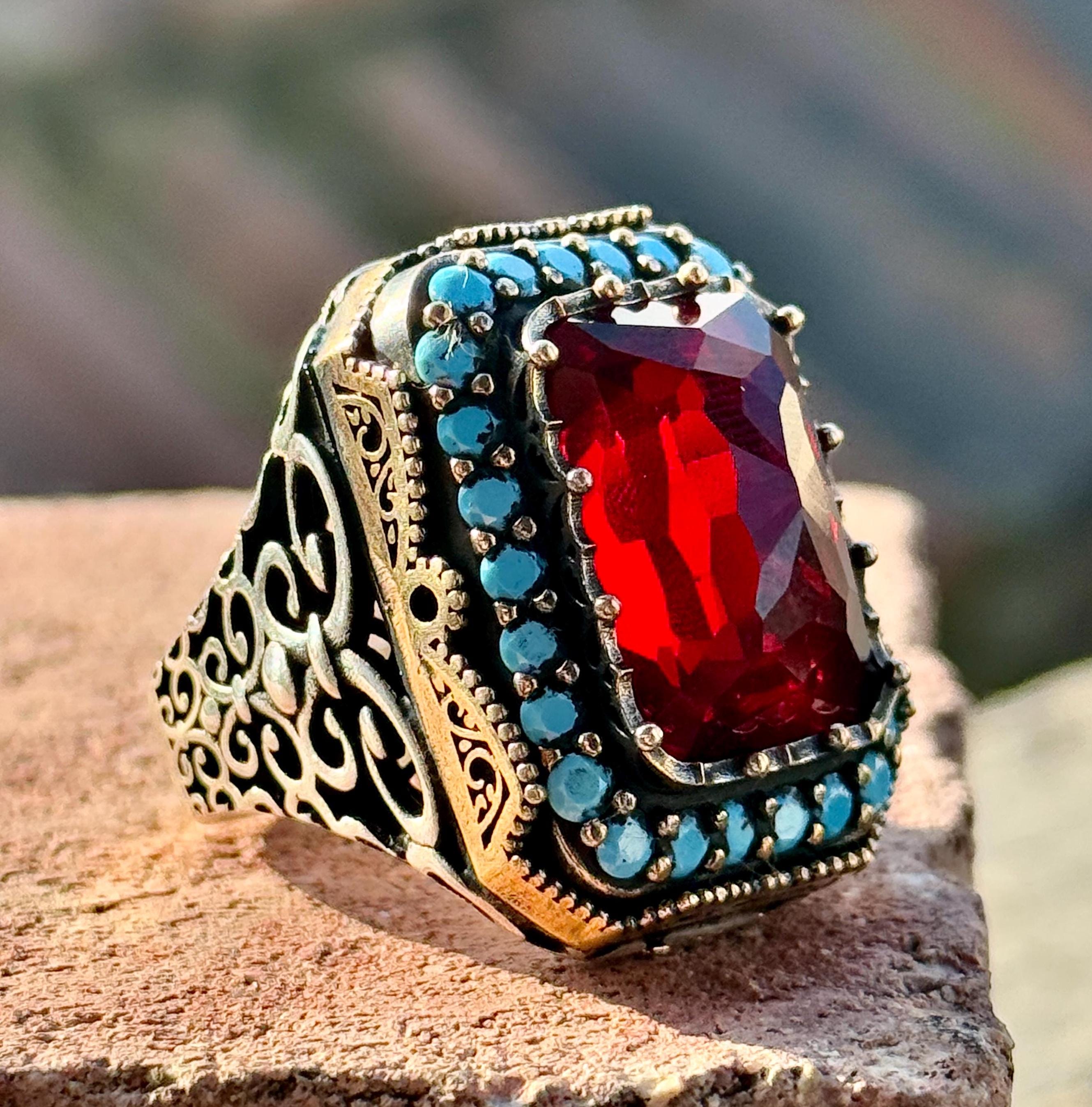 Men Large Ruby Stone Ring, Handmade Ruby and Turquoise Stone
