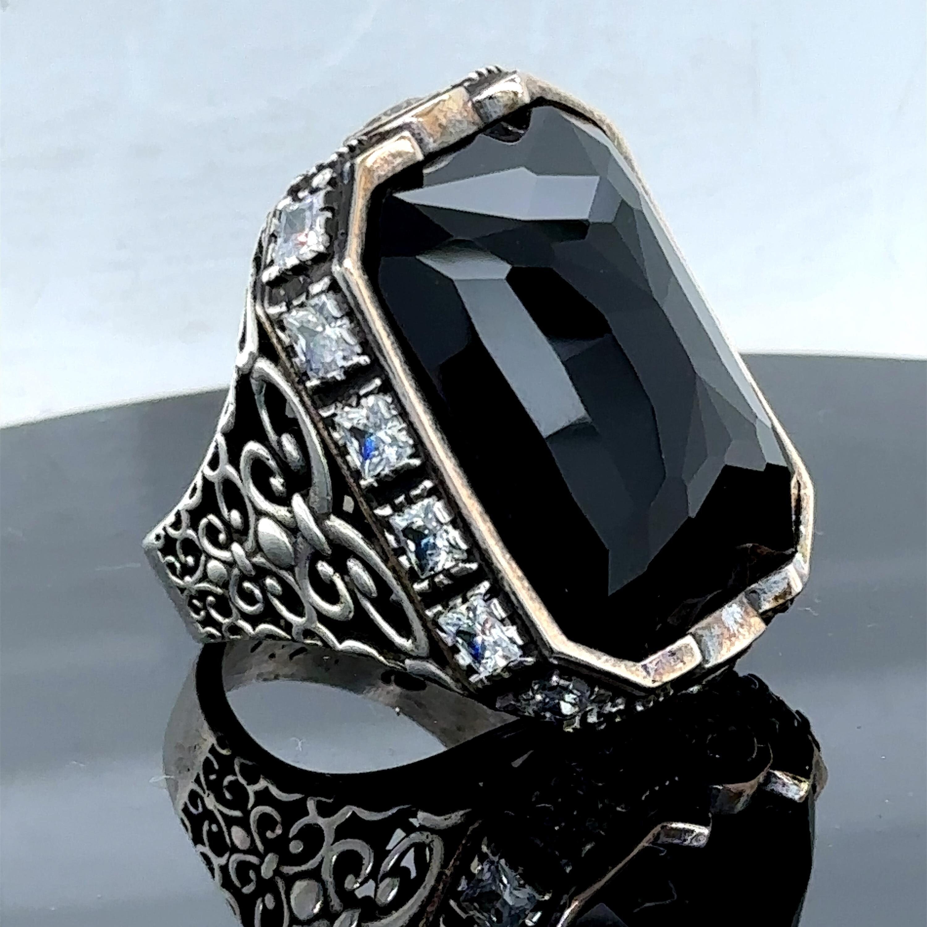 Men Silver Black Onyx Ring , Square Handmade Statement Ring , Men