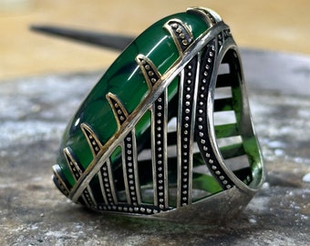 KAMBO Genuine Jade Gemstone Ring - Ottoman Empire Ethnic Design, 925 Sterling Silver, Handmade, Gift Box