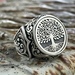 Silver Tree of Life Ring, Family Silver Ring, Tree of Life Yggdrasil Ring, Celtic Signet Ring, Viking Ring, Gift For Dad, Gift For Him