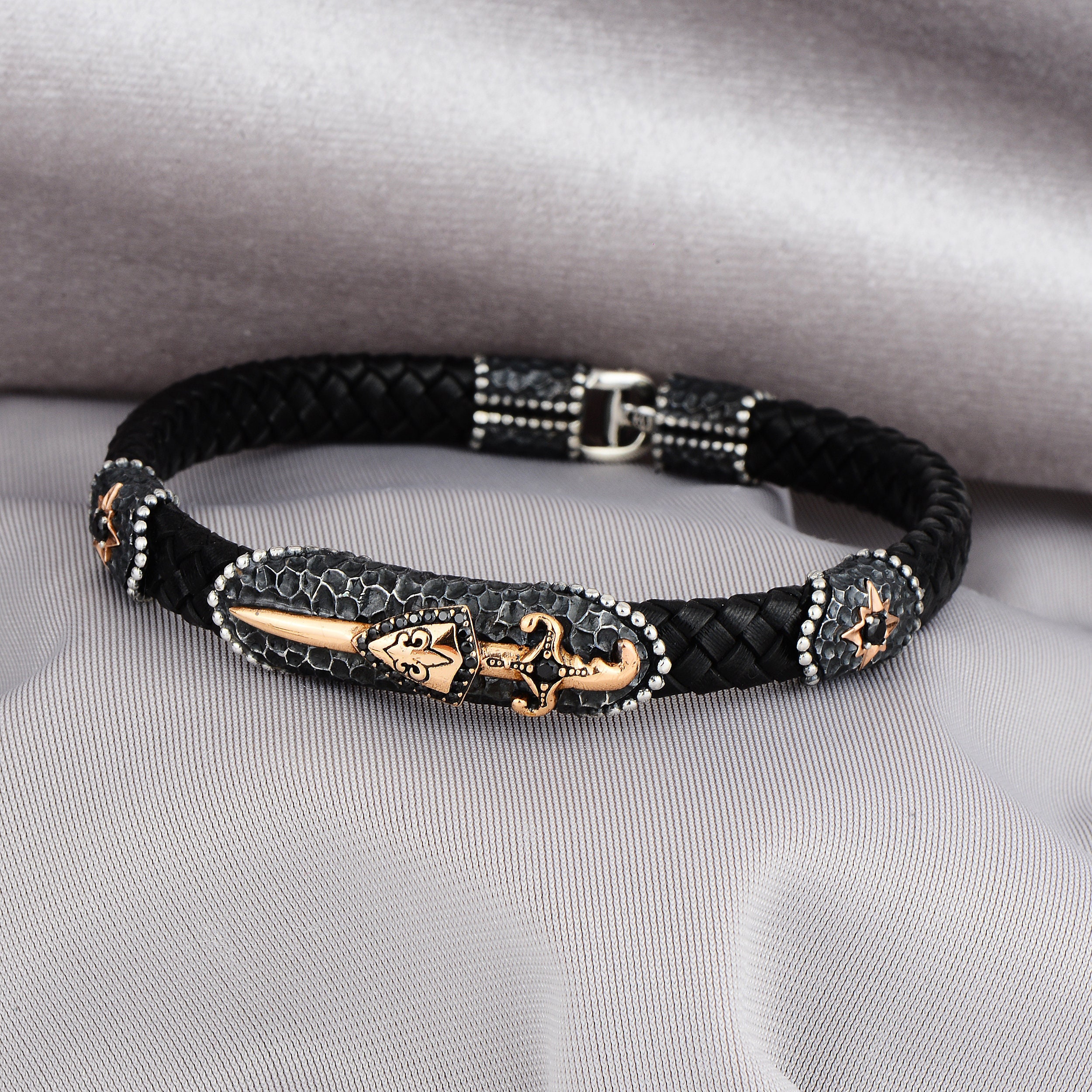 Man Leather Bracelet , Silver Sword Leather Bracelet , Handmade