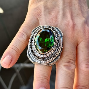 Men Silver Peridot Gemstone Ring, Large Ottoman Style Men Ring, Deep Peridot Ring, Handmade Engraved Ring, Ottoman Mens Ring, Gift For Men