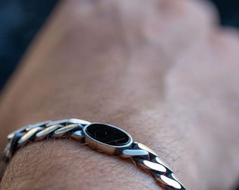 925スターリングシルバーオニキスチェーンブレスレット、キューバン