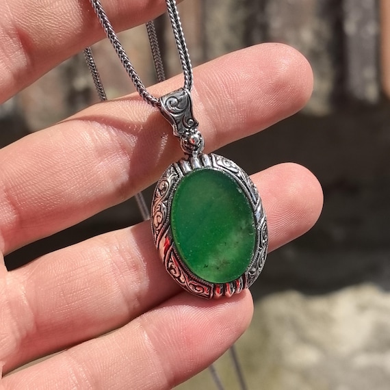 Silver Oval Jade Necklace, Engraved Natural Jade Gemstone Pendant