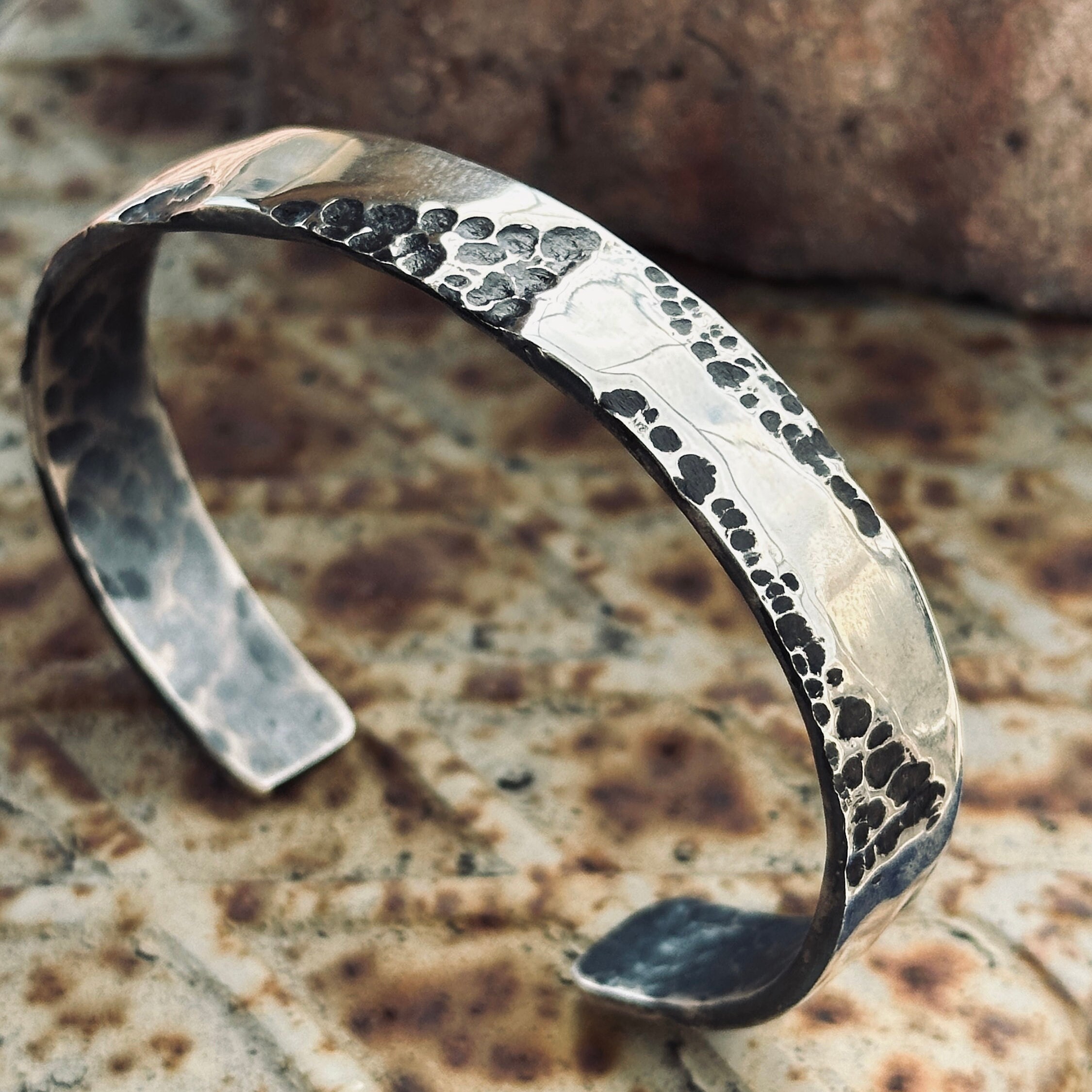 Men Silver Heavy Cuff Bracelet , Silver Embroidered Bracelet