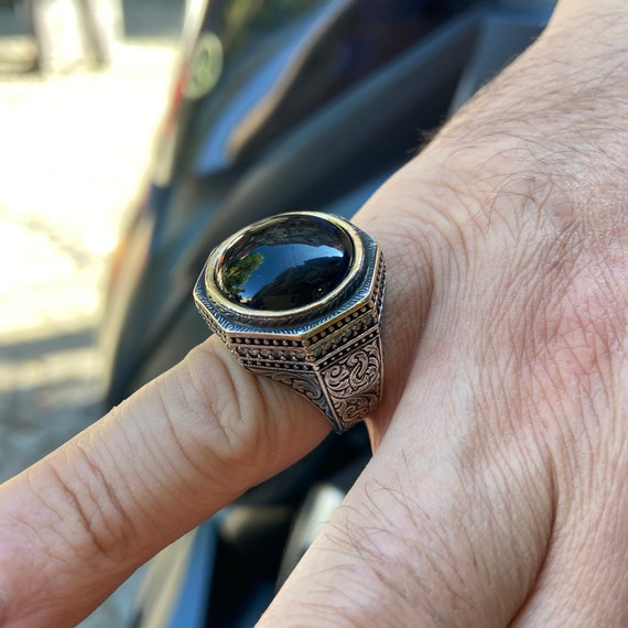 Men Handmade Ring , Round Onyx Stone Ring , Onyx Gemstone Ring