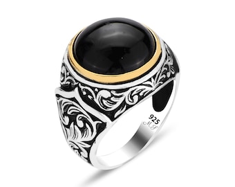 メンズ シルバー オニキス シグネット リング、ラウンド
