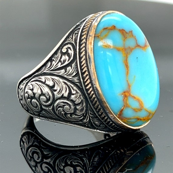 Men Handmade Turquoise Ring Natural Turquoise Oval Gemstone Ring Handcrafted Ottoman Men Ring Turkish handmade Gift for Him
