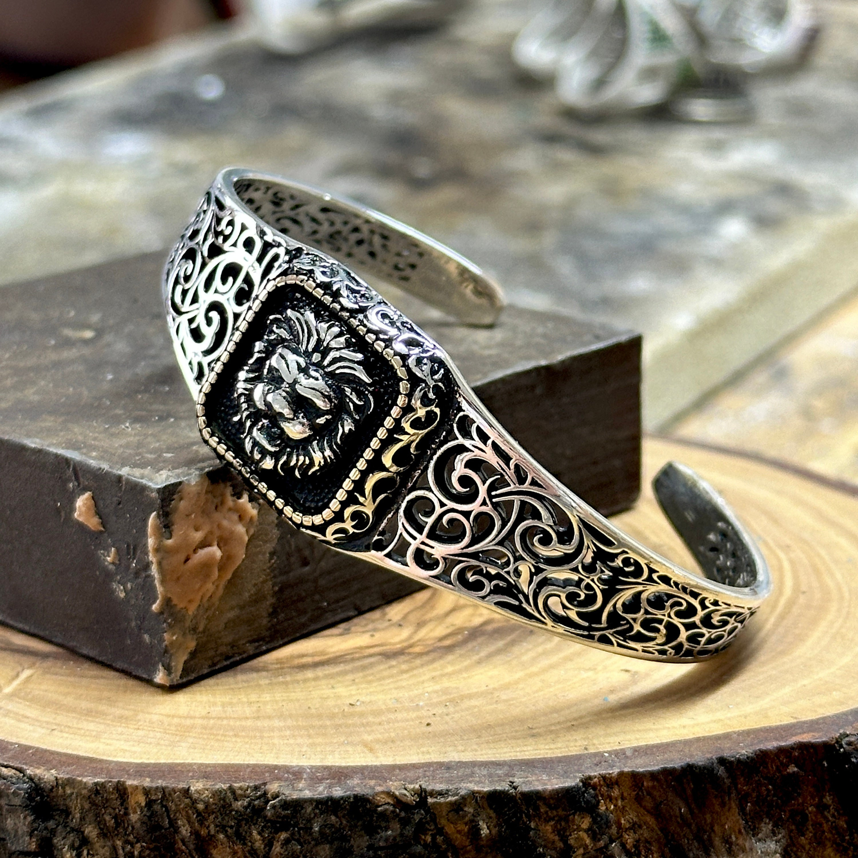 Silver Lion Head Cuff Bracelet, Men Handmade Cuff Bracelet