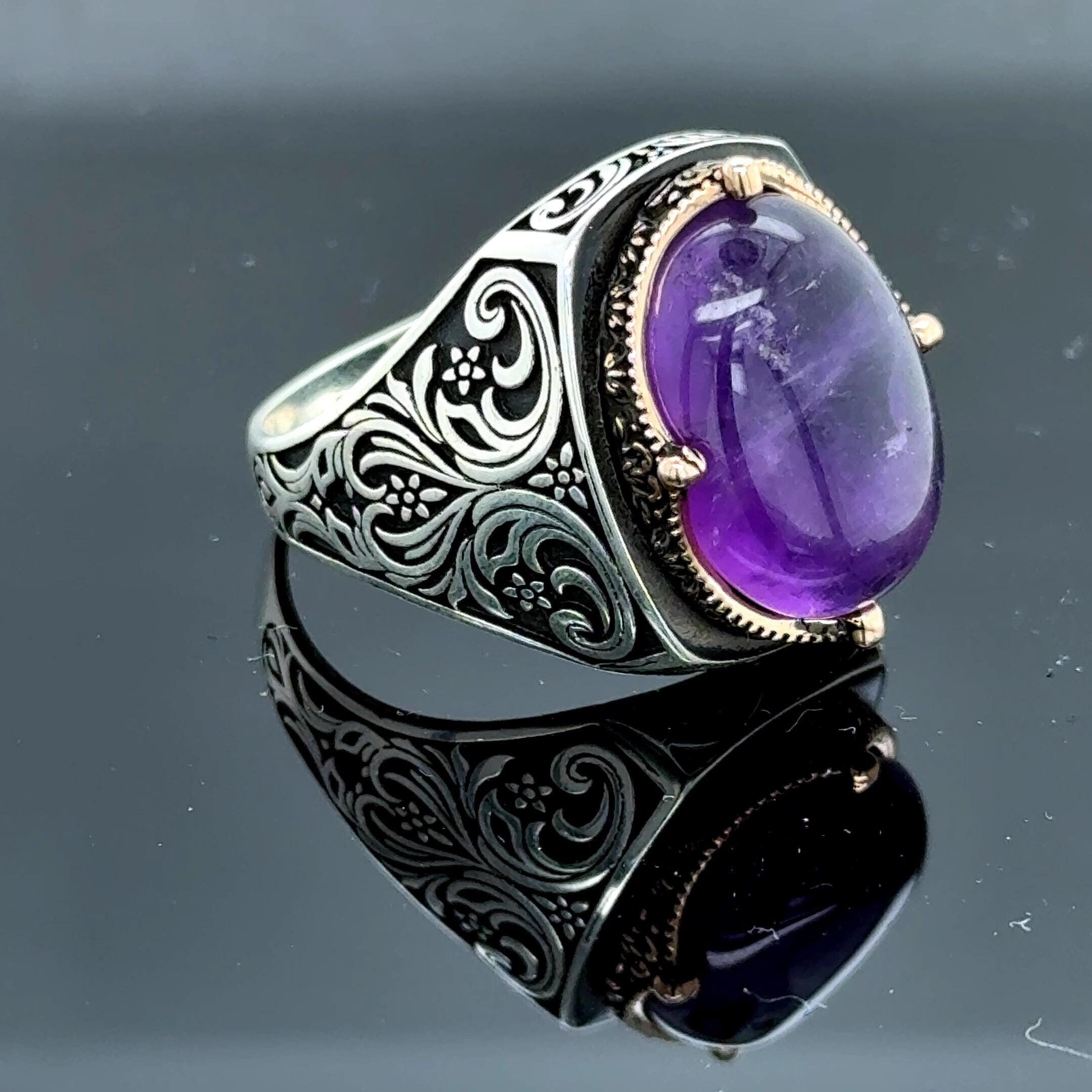 メンズアメジストシルバーリング、天然アメジストリング、ヴィンテージ