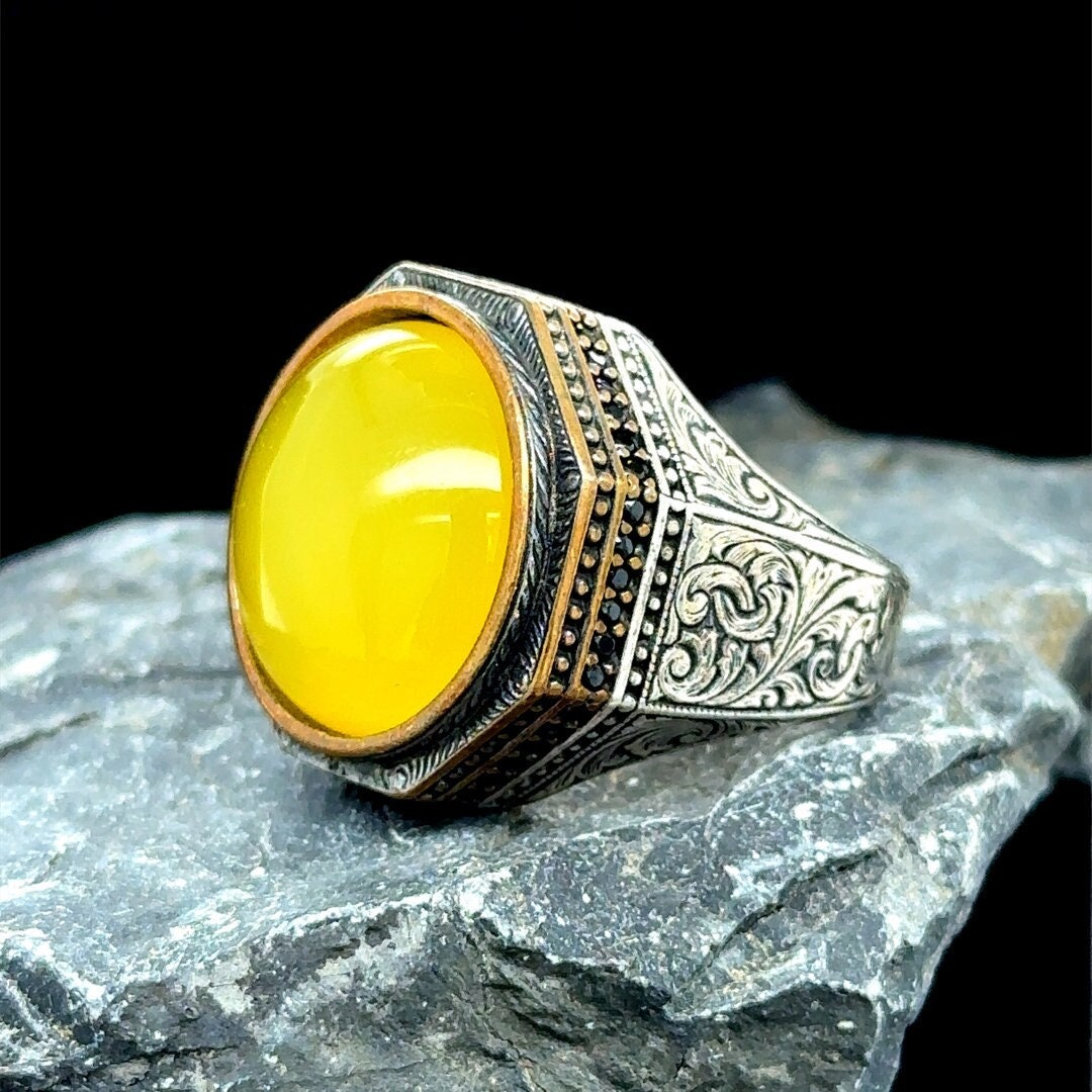 Ring Agate Stone Yellow Men Handmade Ring, Round Yellow Agate
