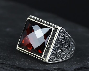 925 Silver Men Ruby Stone Ring, Square Red Gemstone Signet Ring, Mens Band Ring, Vintage Mens Ring, Turkish Ring, 925 Sterling Silver