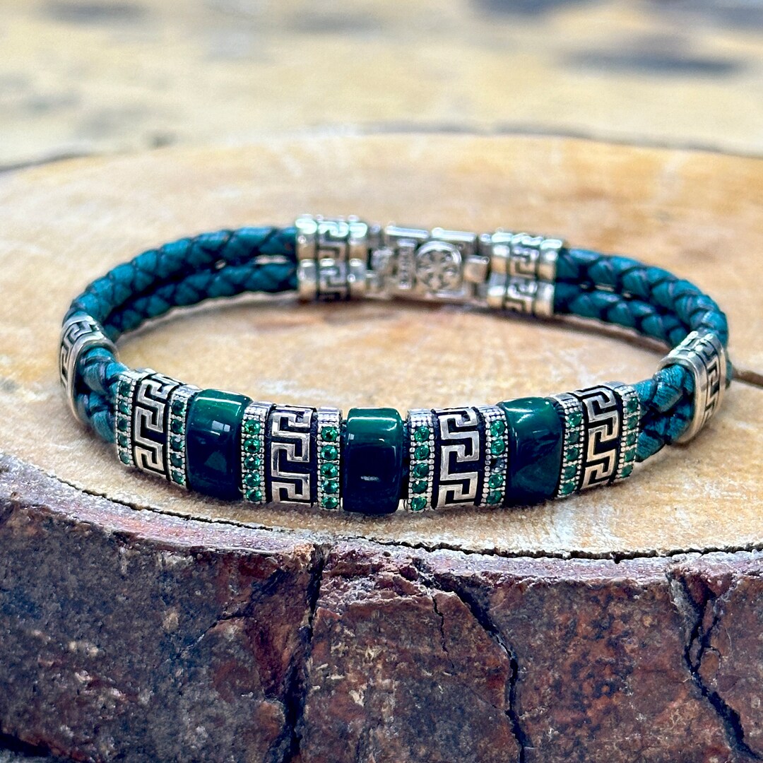 Buy Men Emerald Gemstone Leather Bracelet Men Silver Green