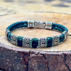 Herren Smaragd Edelstein Lederarmband, Herren Silber Grün Lederarmband, Einzigartiges Jubiläumsgeschenk, 925 Karat Sterling Silber Armband
