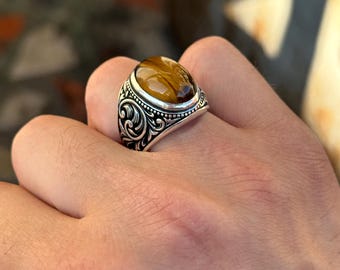 メキシカンジュエリー シルバー タイガーアイ シグネットリング ブラウン 19号 メンズ刻印タイガーアイリング、天然タイガーアイシグネットリング