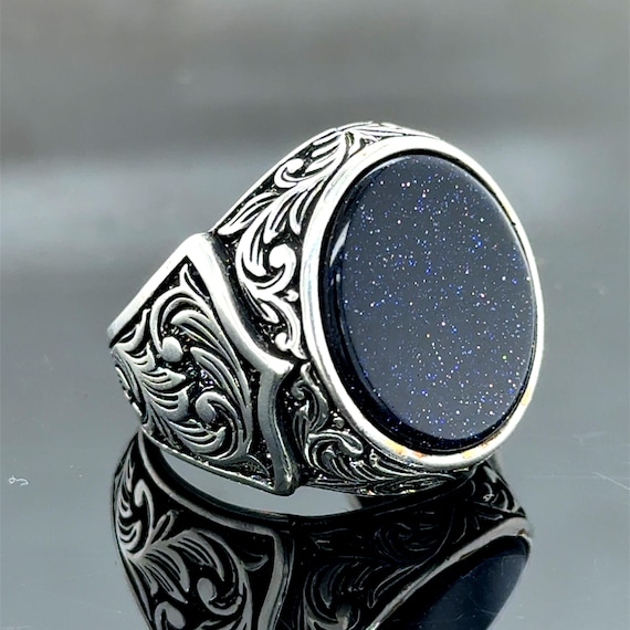 Silver Star Stone Ring, Turkish Handmade Men Ring, Dark Stone Ring