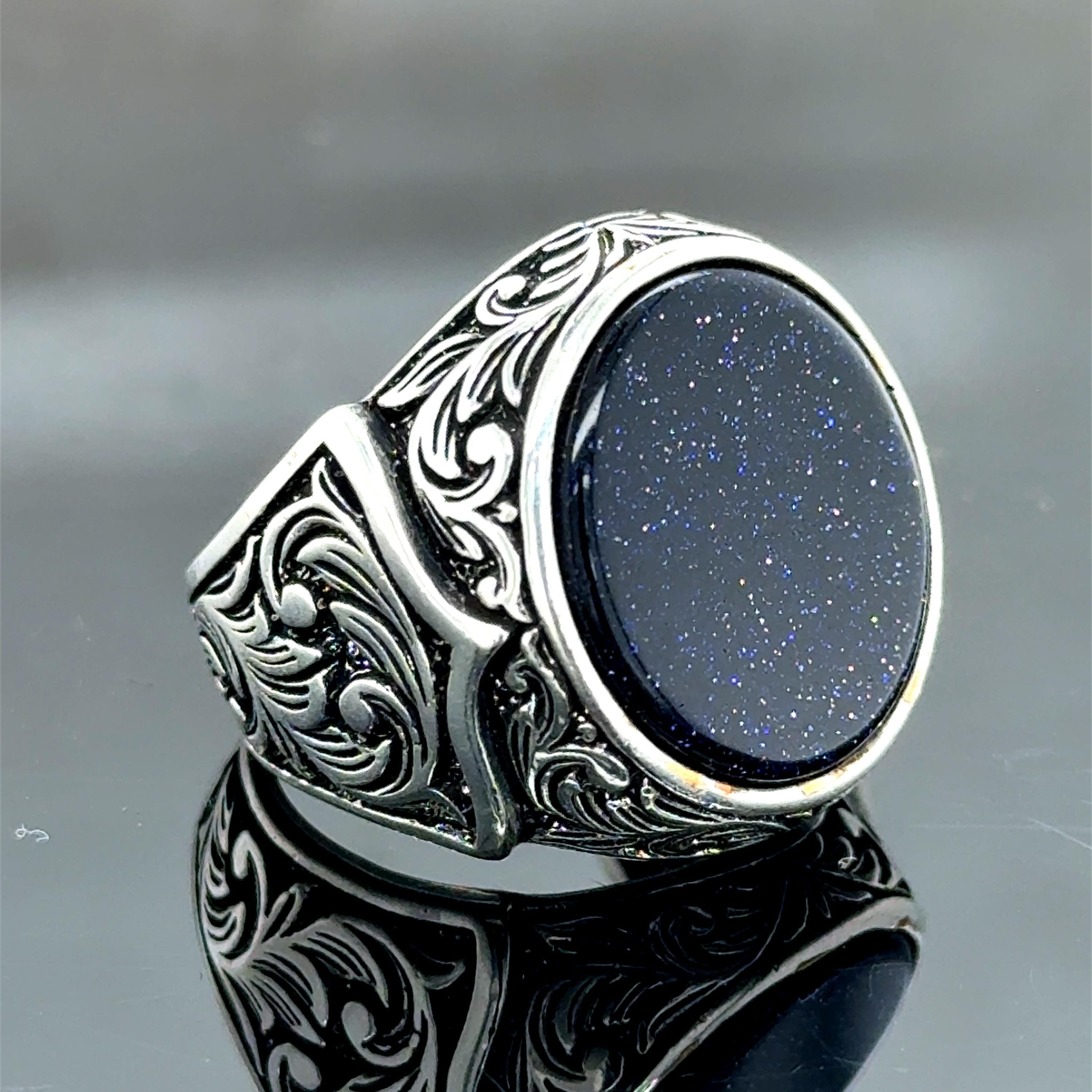 STONE SIGNET RING-SILVER925-ストーンリング Silver Star Stone Ring, Turkish Handmade Men Ring, Dark Stone Ring