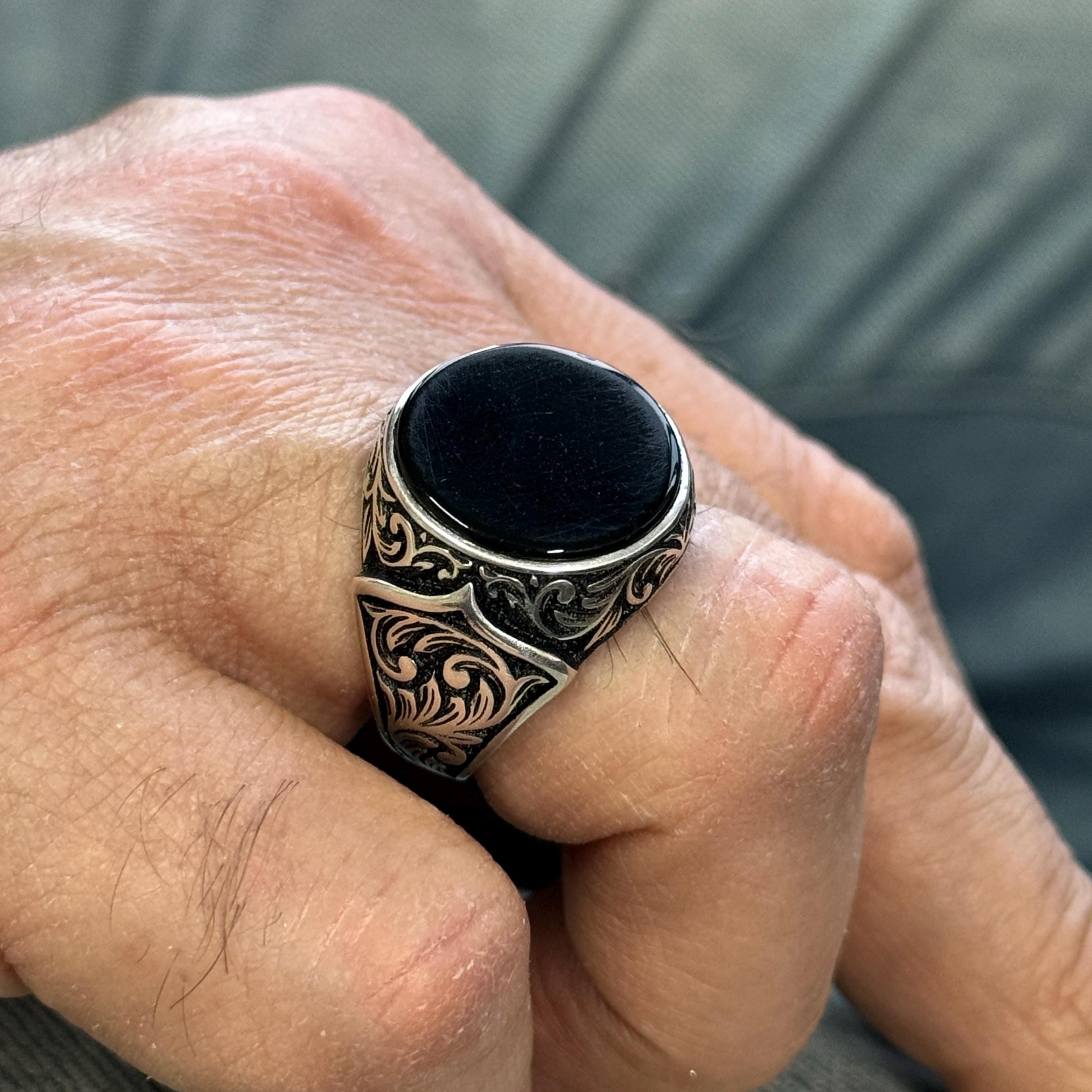 Silver Black Onyx Ring, Black Onyx Signet Ring, Round Mens Ring