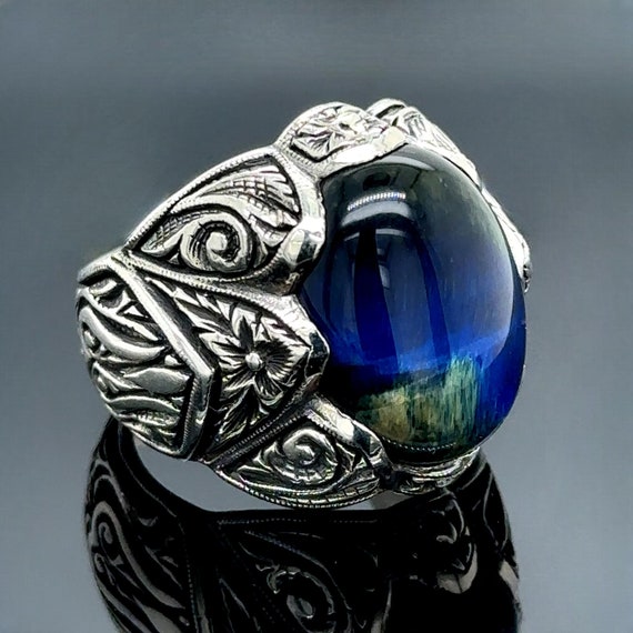Bague Argentée Imposante Avec Pierres Bleues - Taille Ajustable, Occasion Originale