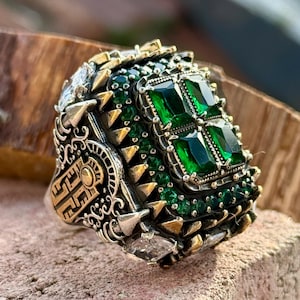 Men Silver Large Emerald Ring , Ottoman Style Green Stone Men Ring, Vintage Men Ring, Gift for Him, 925k Sterling Silver Ring