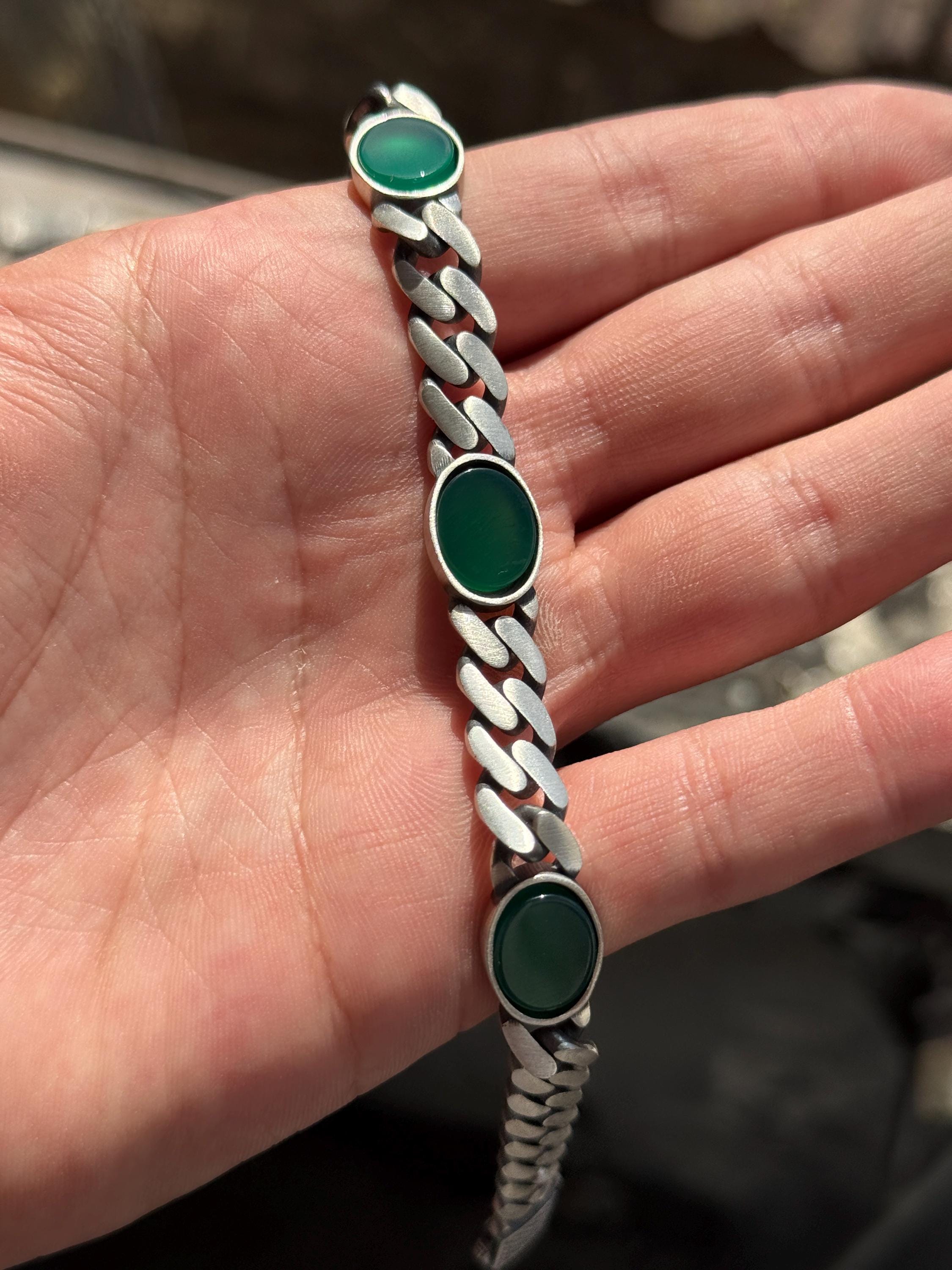 925 Silver Green Agate Chain Bracelet, 10MM Curb Chain Men