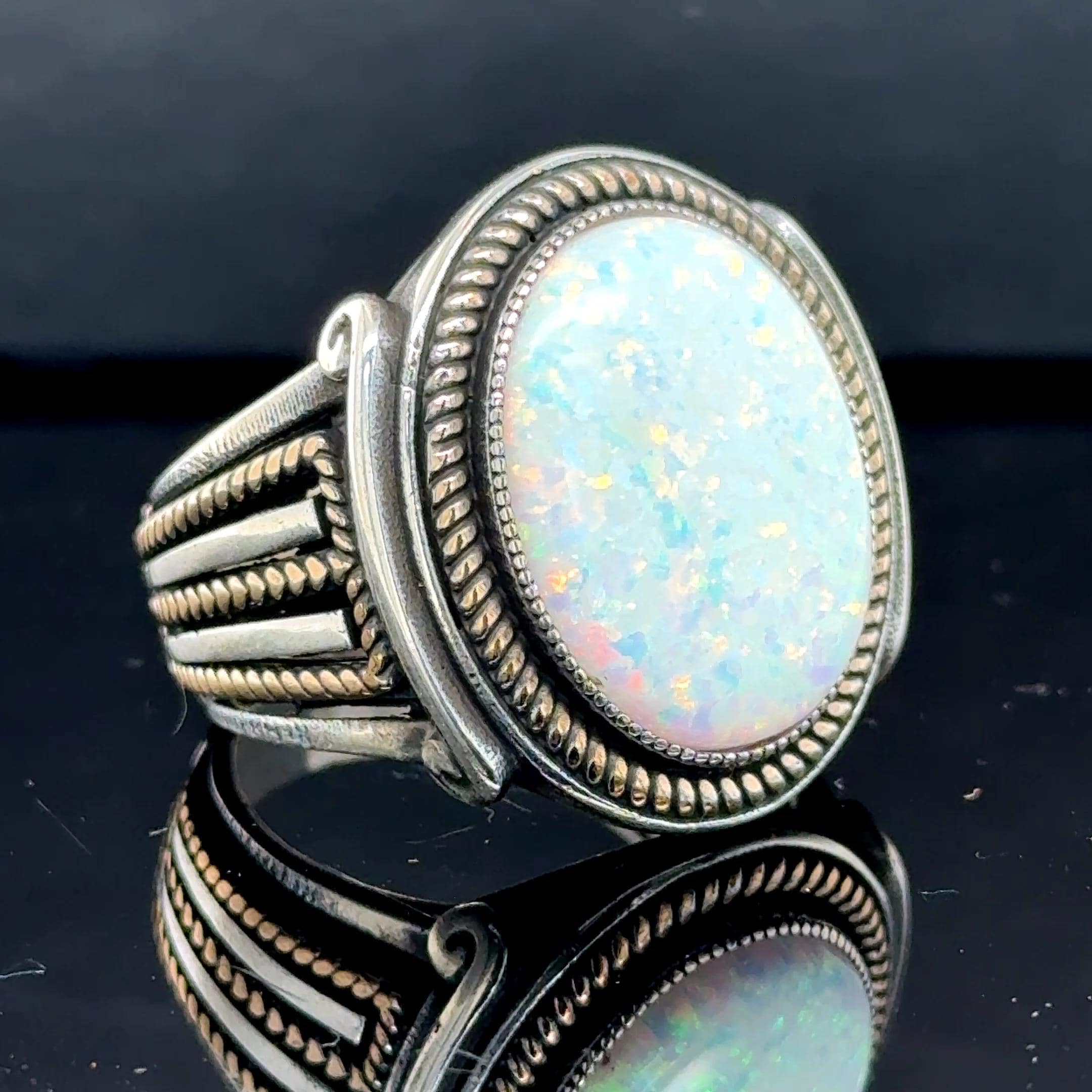 Men Silver Handmade Opal Ring, White Opal Ring, Fire Opal Signet