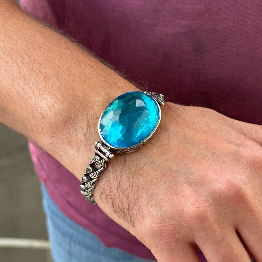 Silver Aquamarine Stone Bracelet Men Thick Chain Bracelet