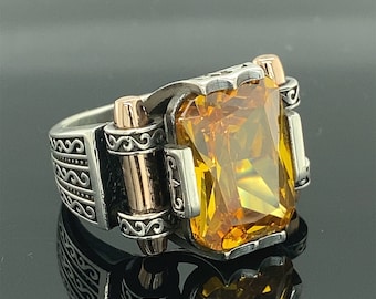 Sterling Silver Ring , Yellow Citrine Stone Ring , Turkish Handmade Ring , Raw Gemstone Ring , 925k Sterling Silver Ring , Gift For Him