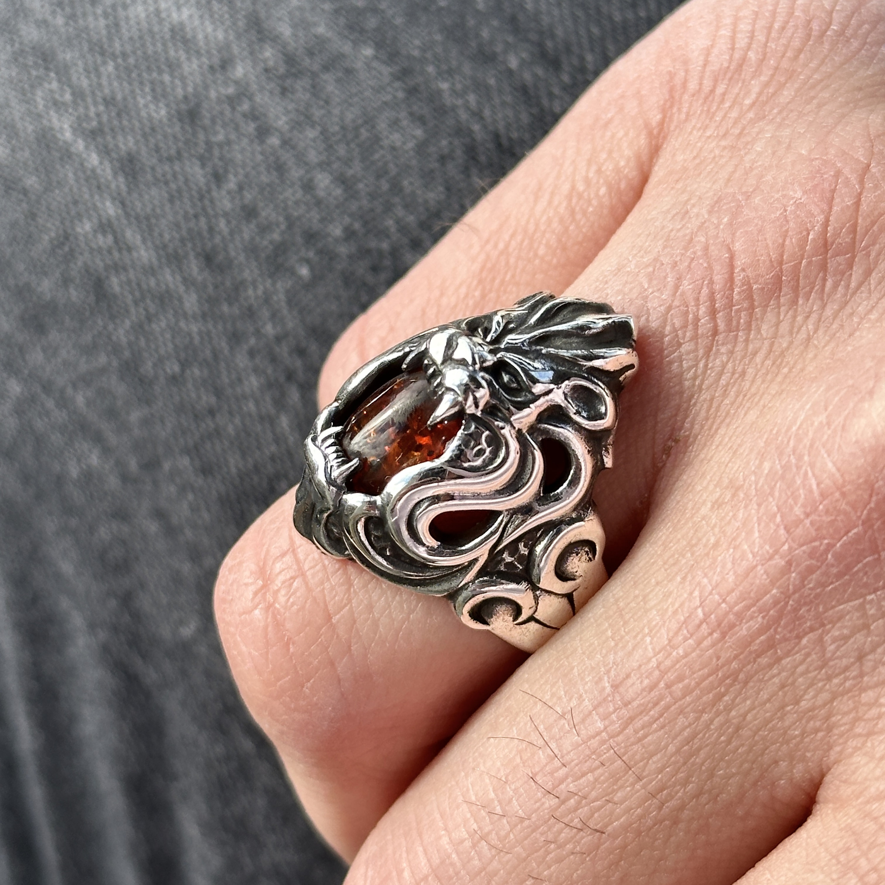 Men Silver Lion Ring, Amber Gemstone Lion Ring, Leon Signet Ring, Handmade Lion Head Ring, Silver Animal Ring, Valentine's Day Gift