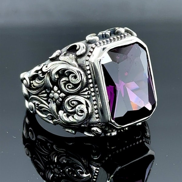 Silver Amethyst Ring, Handmade Engraved Silver Ring, Purple Gemstone Men Ring, Purple Gemstone Ring, Amethyst Men's Ring, 925k Silver Ring