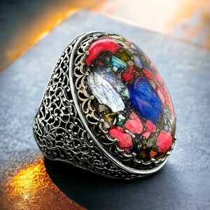 Mens Handmade Ring , Multi Color Turquoise Gemstone Ring, Men Sterling Silver Ring, Ottoman Jewelry , Men Vintage Ring, Gift for Him