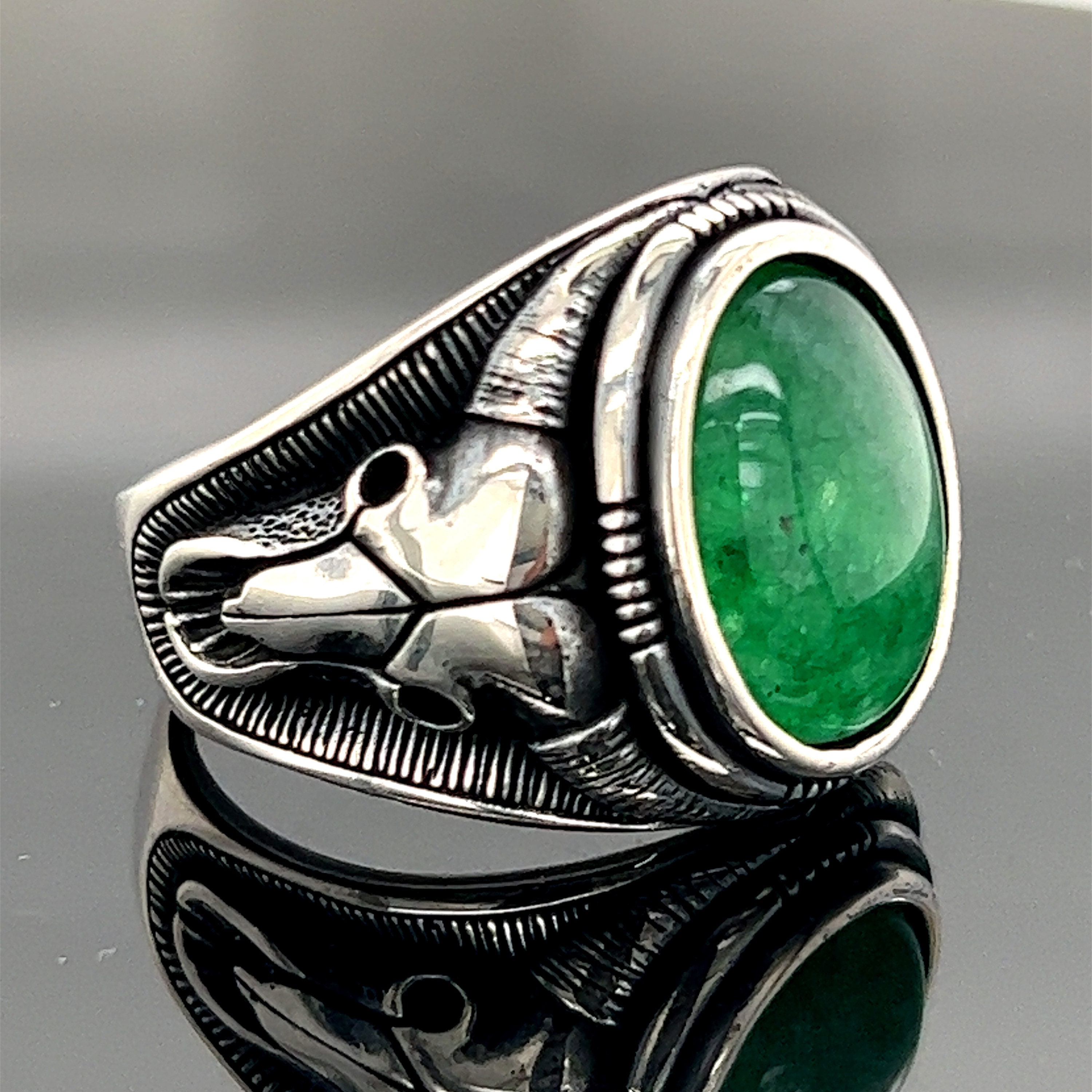 Man Green Jade Stone Ring , Silver Bull Head Ring , Handmade Man Green Jade Stone Ring , Silver Bull Head Ring , Handmade