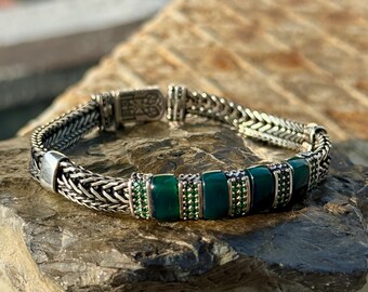 925 Silver Chain Bracelet, Emerald Green Stone Chain Bracelet