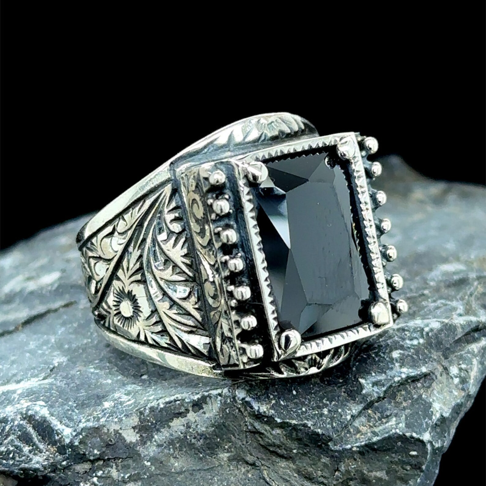 ZABRA Real 925 Silver Black Zircon Ring For Men Female Engraved Flower Men Fashion Sterling Thai Silver Jewelry Synthetic Onyx