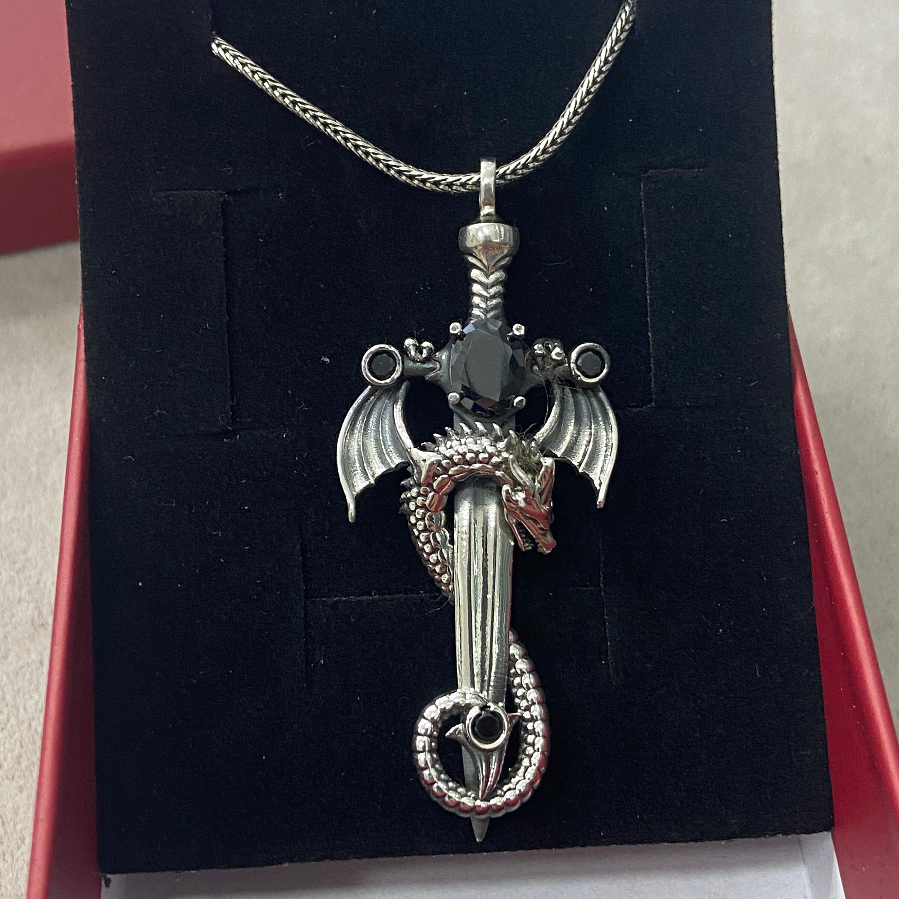 Silver Dragon Necklace Silver Sword Pendant Oxidized Etsy