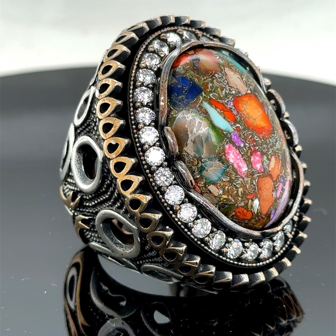Men Silver Large Ring, Natural Multi Color Turquoise Gemstone Ring, Men ...
