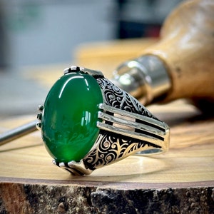 Men Green Agate Ring, Silver Vintage Ring, Green Aqeeq Gemstone Ring, Handmade Men Ring, Father Day Gift, Anniversary Gifts for Him