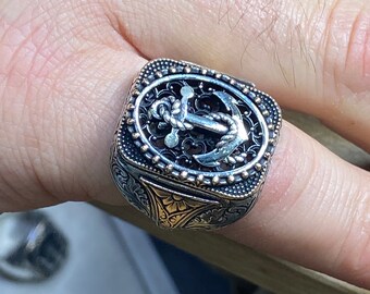 Silver Anchor Ring, Compass Silver Ring, Signet Anchor Ring