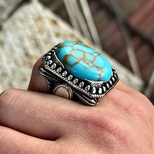 Men Silver Turquoise Stone Ring , Ottoman Silver Large Square Ring , Natural Turquoise , Ottoman Style Handmade Ring , 925k Silver Ring