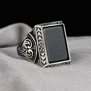Large Square Black Onyx Gemstone Ring, Men Sterling Silver Ring, Ottoman Jewelry , Men Vintage Ring, Gift for Father&#39;s Day , Gift For Him