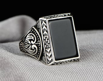 Buy Large Square Black Onyx Gemstone Ring, Men Sterling Silver