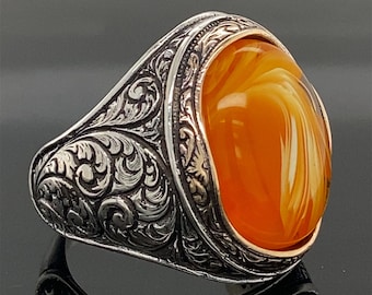 Men Silver Ring , Amber Stone Ring , Handmade Amber Ring , Ottoman Style Amber Stone Ring , 925k  Sterling Silver Ring , Gift For Him