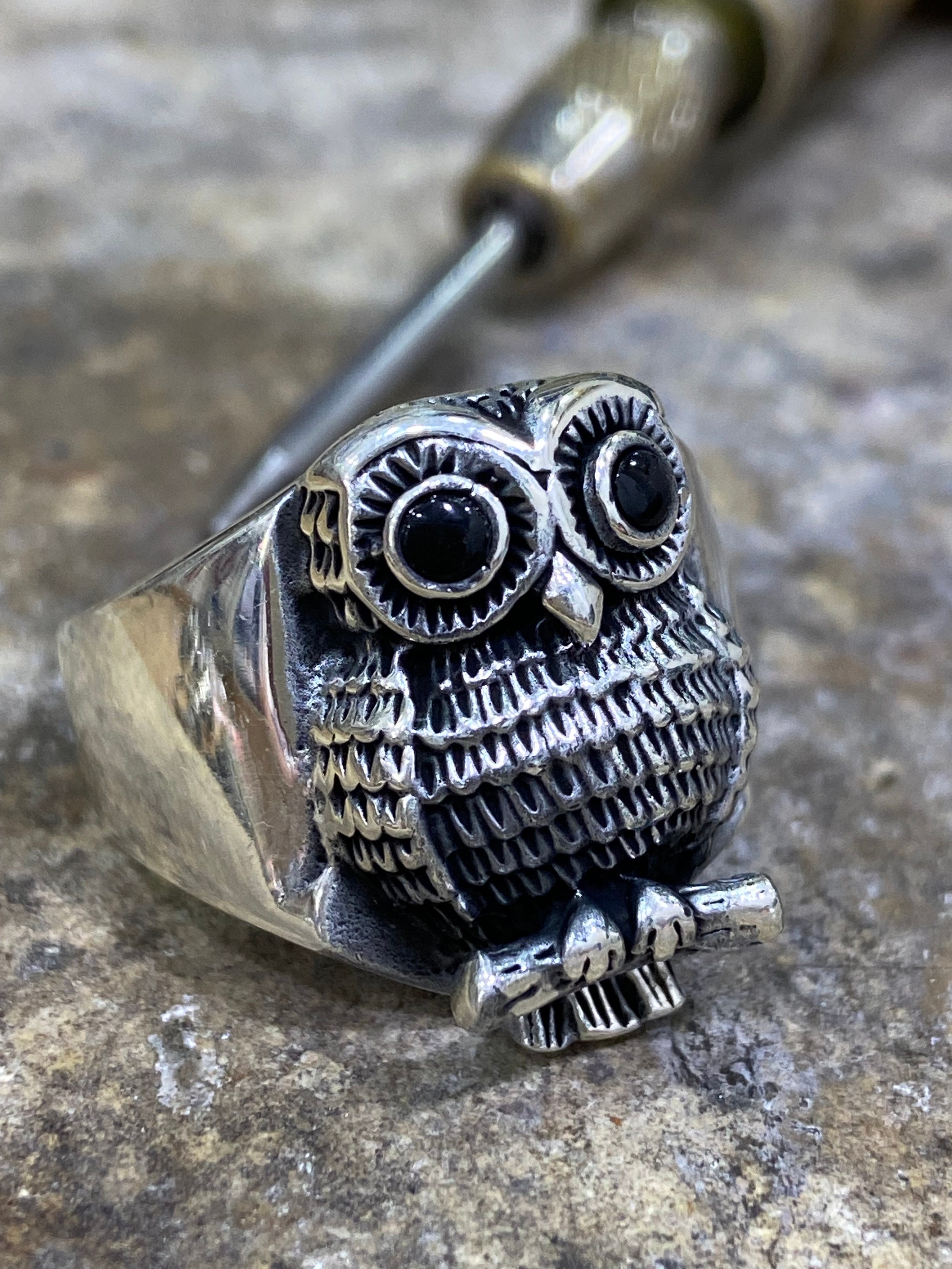 シルバーフクロウ天使の羽鳥リング、フクロウリング925kスターリング