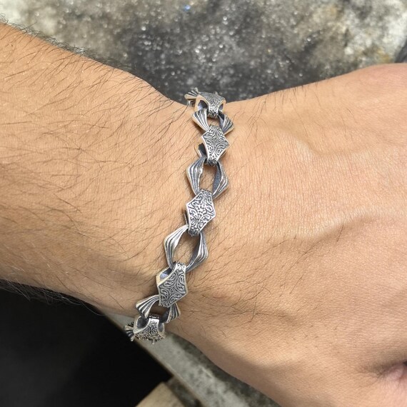 Silver Chain Bracelet, Hand-engraved Silver Chain Bracelet , Curb