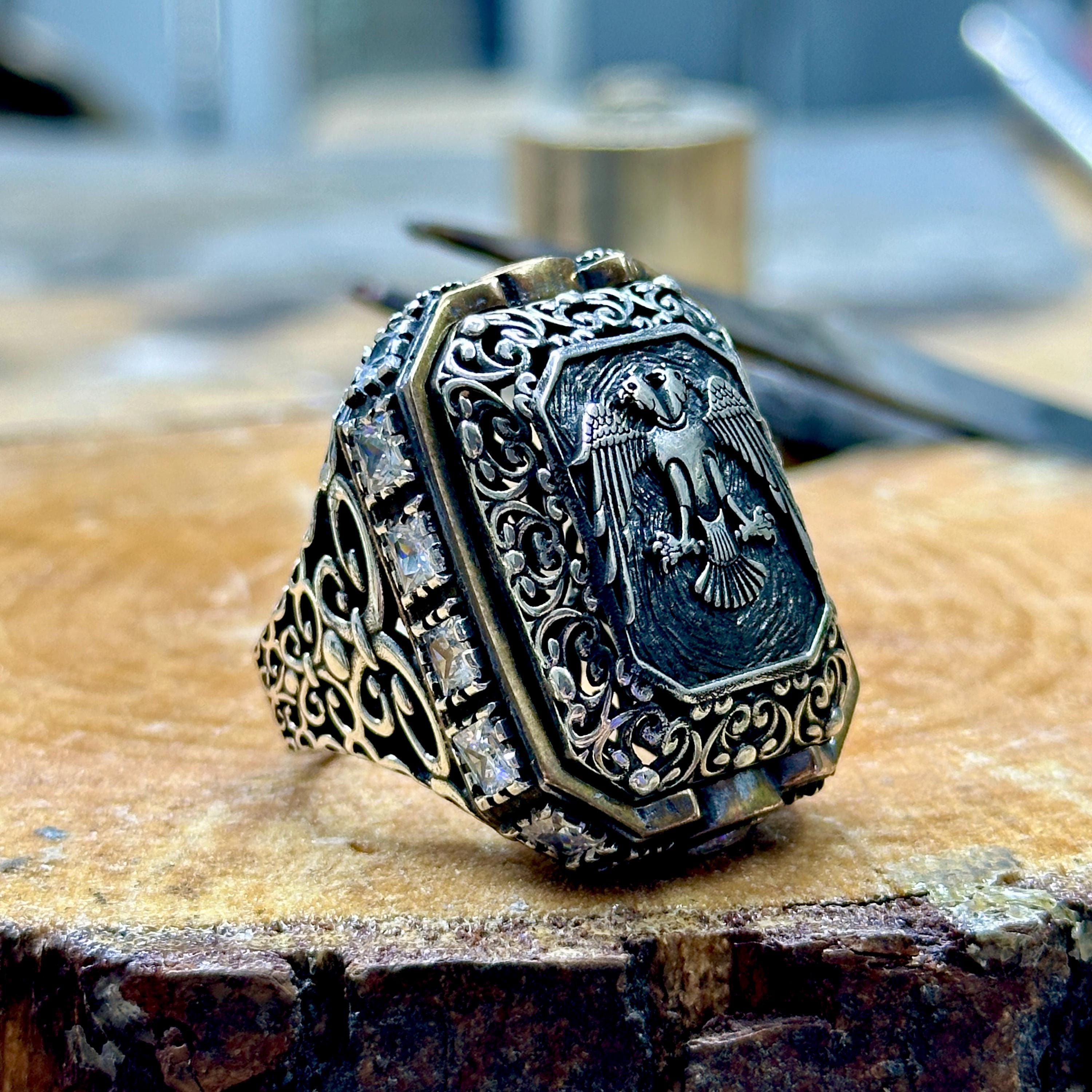 Men's Stainless Steel Vintage Knight Russian Double Eagle Signet Ring - High Polished Silver Tone, Size 13 - View #10